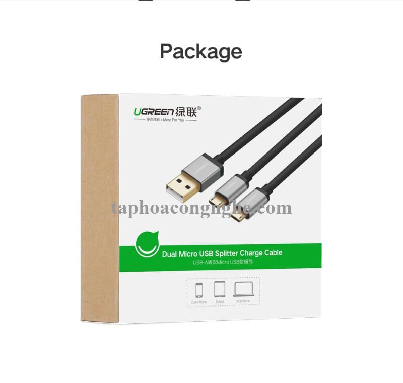 Ugreen 40347 0.5M màu Đen Cáp sạc truyền dữ liệu USB 2.0 sang 2 đầu MICRO USB cao cấp US196 30040347